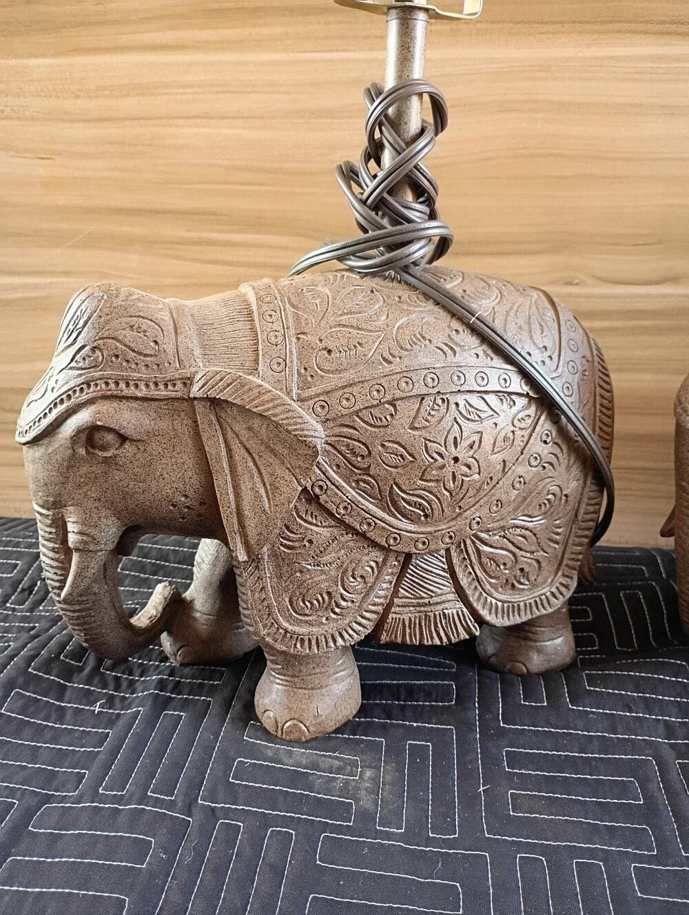 Hand-Carved Brown Elephant Table Lamps - Decorative Pair
